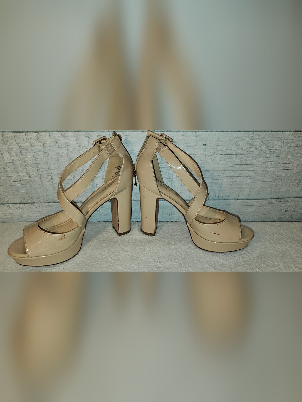 Limelight Nude Patent Crisscross Platform Block Heels